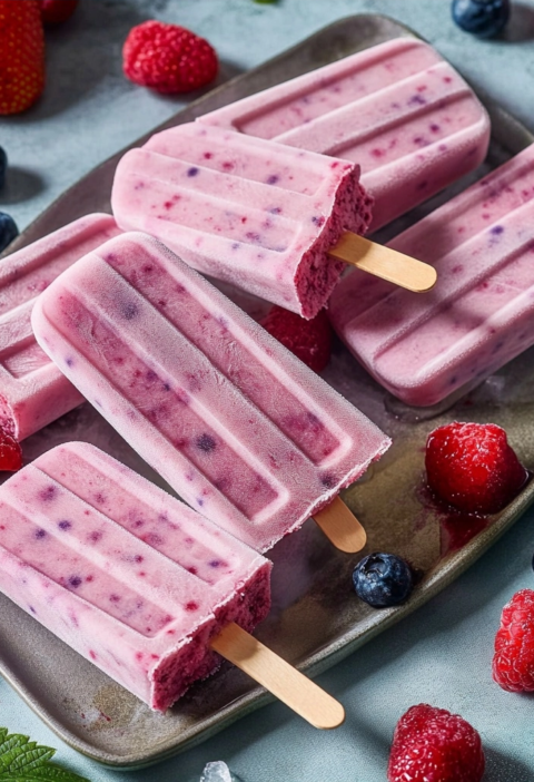 Homemade Popsicles Made with Yogurt and Berries